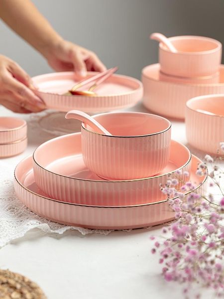 

bowls nordic ceramic bowl and plate set home pink vertical pattern golden rim tableware dishes single soup dinner
