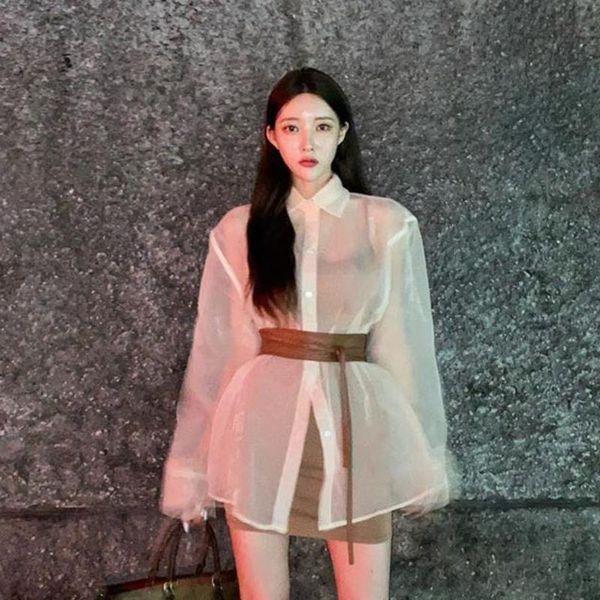 

women's jackets [ewq] korea chic casual fashion solid lapel single-breasted organza loose long-sleeved coat jacket women summer 2021 16, Black;brown