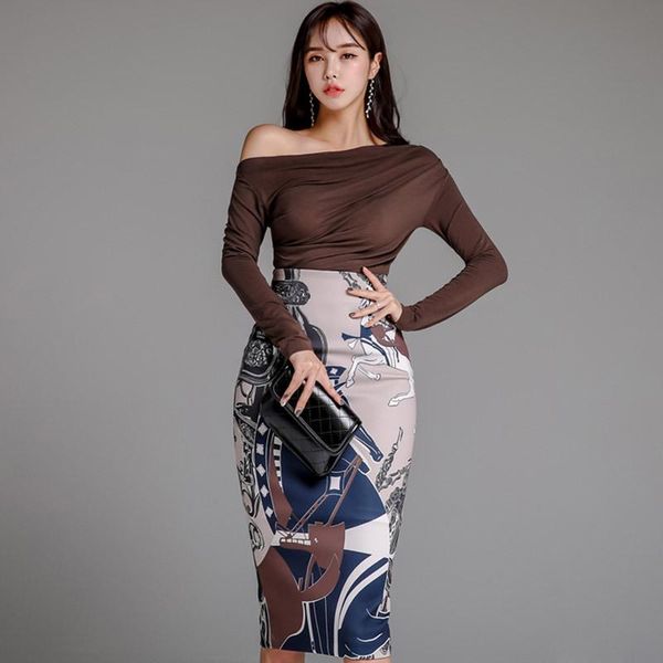 

two piece dress ladies slash neck blouse and print bodycon skirt women 2 set 2021 arrival brand designer runway, White