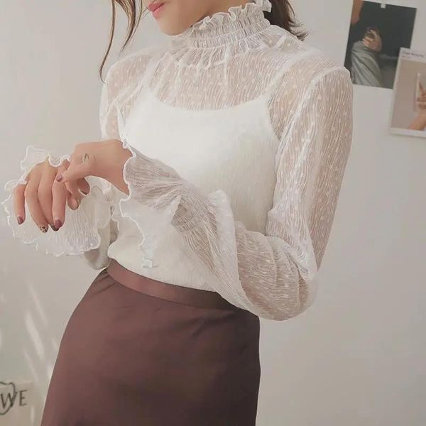 

women's blouses & shirts 2021 transparent korean loose women lace blouse female bottoming plus size er long sleeve tee shirt, White
