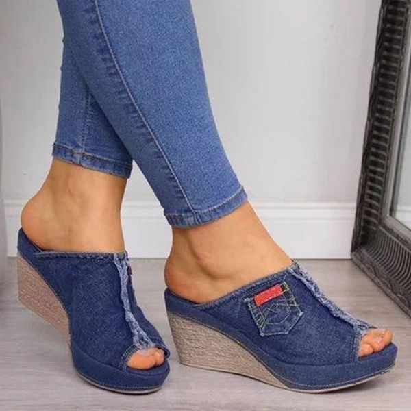 

sandals comemore female shoes denim platform wedges high heel women woman summer wedge comfortable ladies slip-on sandalias, Black