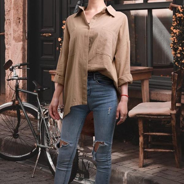 

women's blouses & shirts blouse 2021 linen shirt roll-up sleeve plus size button tunic pockets female blusas femme s-2xl, White