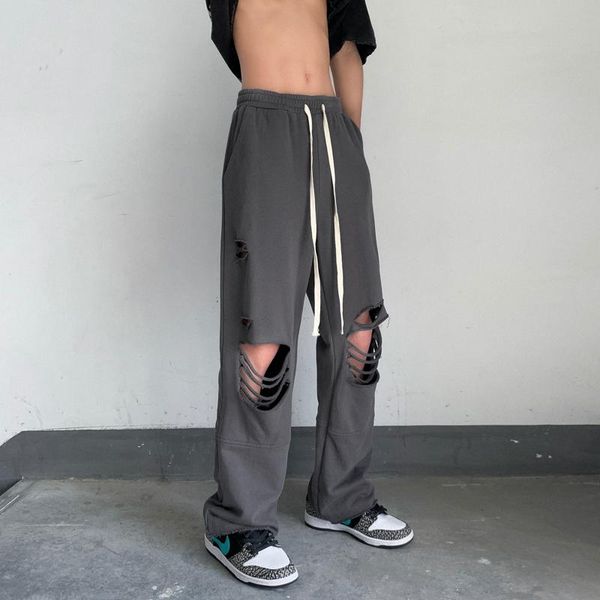 

men's pants ripped casual fashion gray black wide-leg men streetwear loose hip-hop hole straight leg mens trousers
