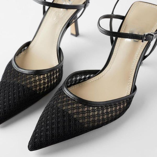

dress shoes 2021fine heel sandals pointed toe mesh slingback for women party elegant pumps 35-40, Black