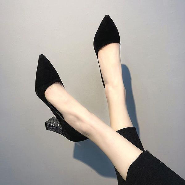 

dress shoes european style women pumps 2021 spring pointed toe high heel korean wild thick women's, Black