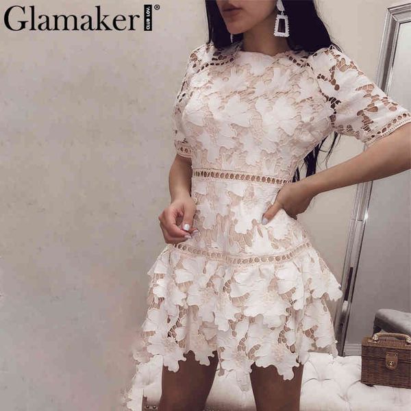 

glamaker knitted suit lace mini dress short sleeve hollow out women dress female autumnwinter elegant party dress 210414, Black;gray