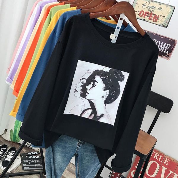 

donamol plus size harajuku womens fashion casual v neck loose long sleeve pullover 100% cotton print tee, White