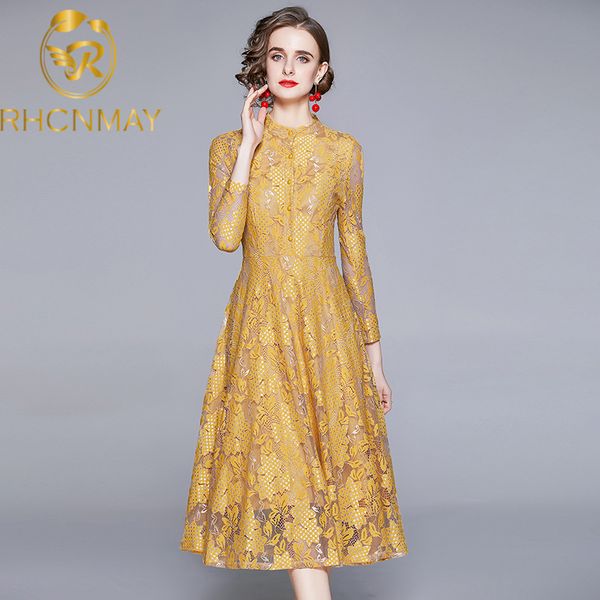 

2021 new summer temperament women lace slim long dress elegant vintage designer yellow /blue lace over the midi a-line dressswimwear bathing, Black;gray