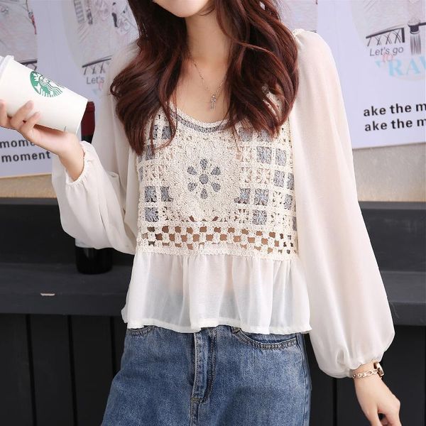 

women's t-shirt make firm offers the french small pure and fresh crochet knitting hollow-out chiffon hubble-bubble sleeve shirt jacket, White