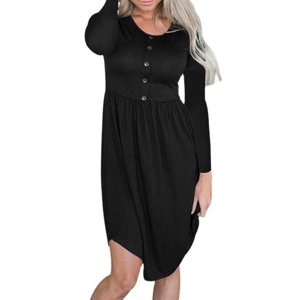 

casual dresses woman dress for women 2021 summer vestido chest buttons solid color round collar long sleeve high waist irregular hem large s, Black;gray