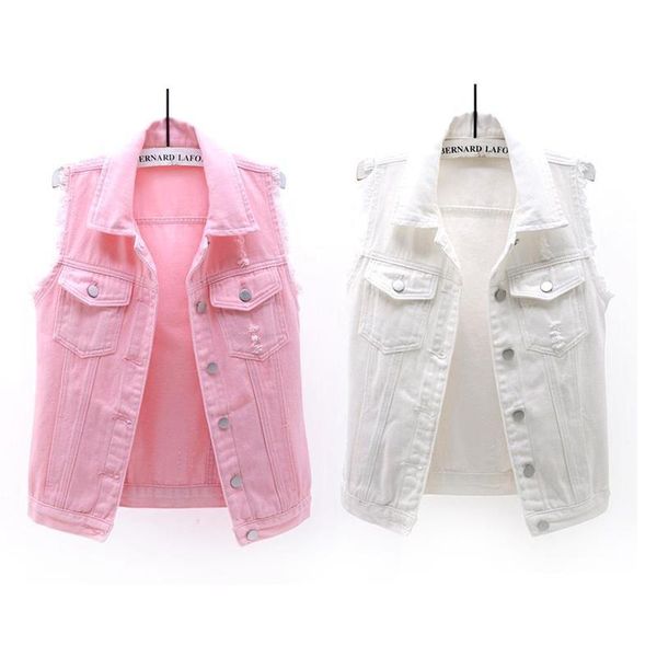 

women's vests autumn women plus size denim vest sleeveless waistcoat solid color ripped cardigan for daily travel, Black;white