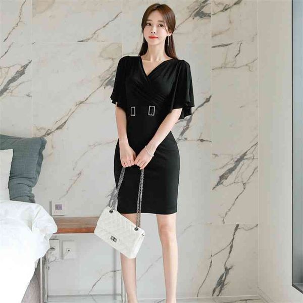 

black office tight dress korean ladies summer formal ruffle sleeve v neck mini bodycon for women 210602, Black;gray