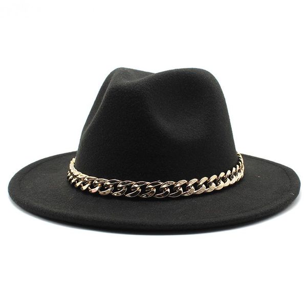 

wide brim hats european american big chain fedoras fuax woolen felt cap jazz men women hat, Blue;gray