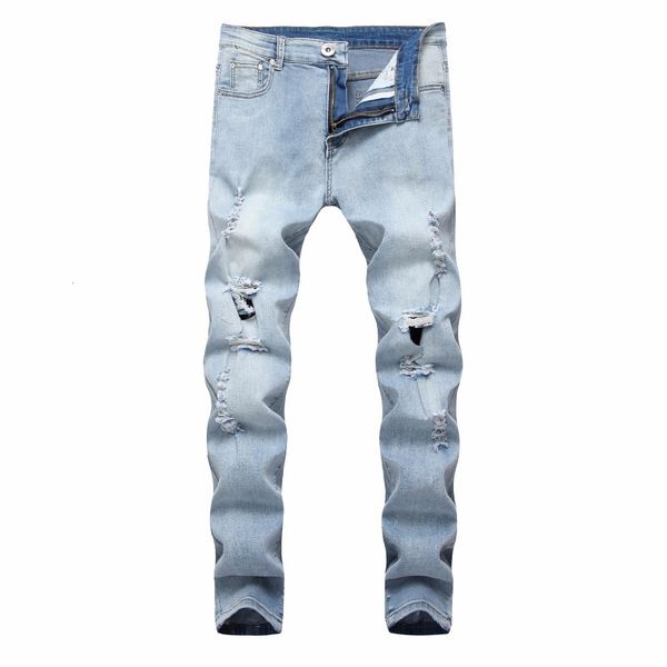 

men's jeans fashion casual knee ripped hole hip hop men's jeans locomotive big distressed hole straight men's trouse, Blue