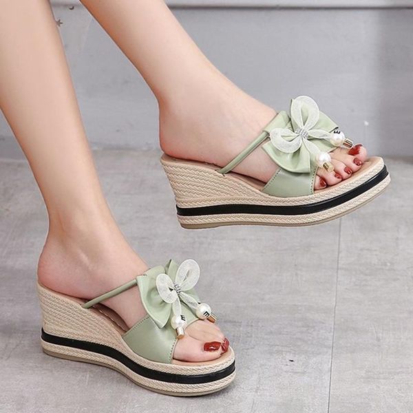 

slippers women summer high-heeled shoes lady pantofle slides sandals flower wedge butterfly-knot fashion platform soft luxury, Black