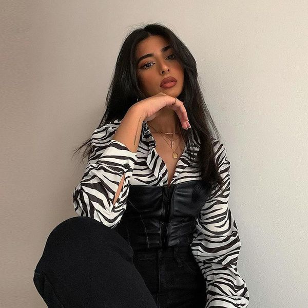 

women's t-shirt long sleeve zebra print pu leather patchwork casual vintage shirt stripe turn-down collar clothing lady top, White