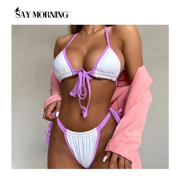 

women's swimwear say morning swimsuit color matching drawstring adjustment triangle cup lace split bikini 2021 swimming, White;black