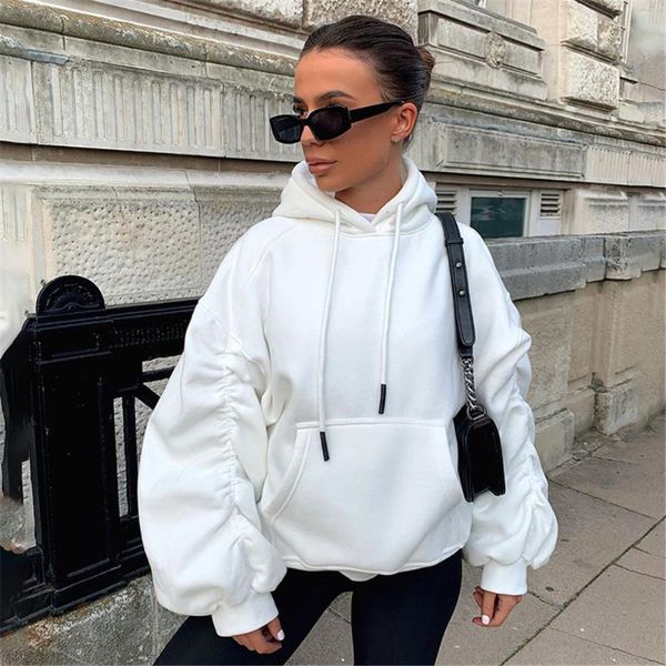 

trendy women fashion casual loose tie collar hoodies ruched long sleeve autumn winter warm sweatshirts hooded with pocket women's &, Black