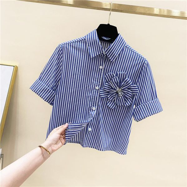 

women's blouses & shirts three-dimensional flowers striped short sleeve shirt 2021 summer loose female lady all-match cropped, White