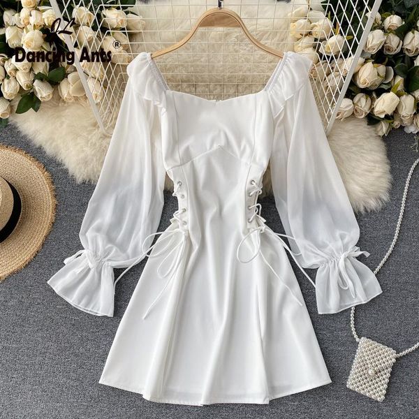 

women dress a-line square collar long puff sleeve mini-length high waist drawstring korean vintage autumn woman french chic casual dresses, Black;gray