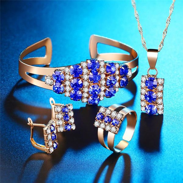 

earrings & necklace luxury female blue crystal jewelry set charm rose gold color dangle for women punk round zircon wedding chain, Silver