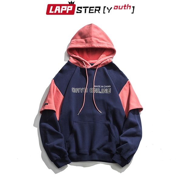

men patchwork streetwear hip hop hoodies pullover fake two pieces sweatshirts harajuku korean hooded 210420, Black