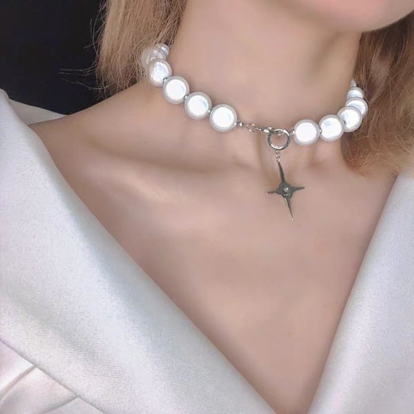 

2020 new fashion niche design cross necklace fluorescent pearl beads simple clavicle chain for women, Silver