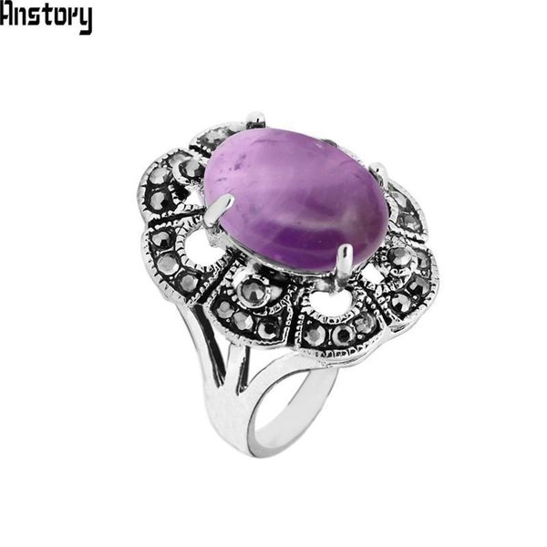 

cluster rings oval natural amethysts for women vintage look antique silver plated rhinestone plum flower fashion jewelry tr690, Golden;silver