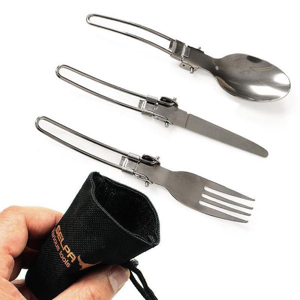 

dinnerware sets 3pcs/set portable stainless steel outdoor picnic tableware set foldable cutlery knife spoon fork for camping hiking w/ bags