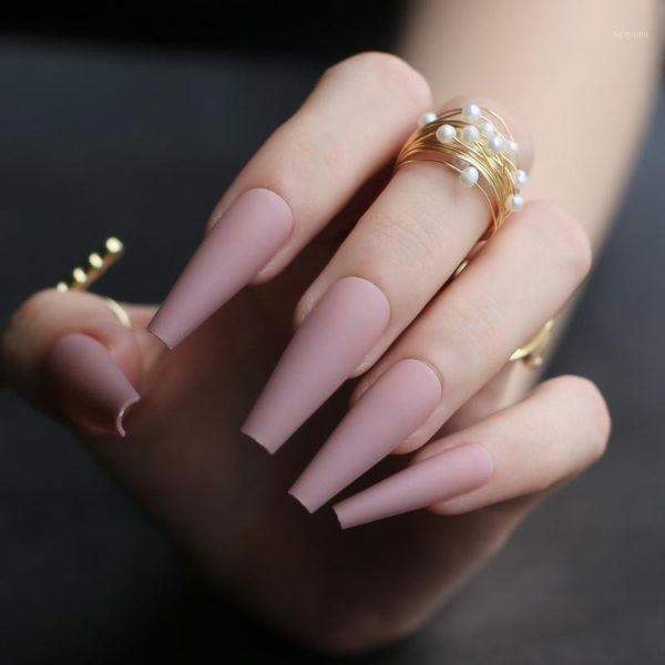 

extra stunning fasle nails nude long luxury coffin matte medium acrylic salon 20pcs fake ballet classic available1, Red;gold