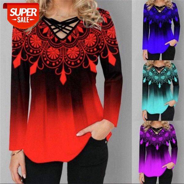 

[in stock]european and american women's fashion digital printing long-sleeved v-neck t-shirt #vr6l, White