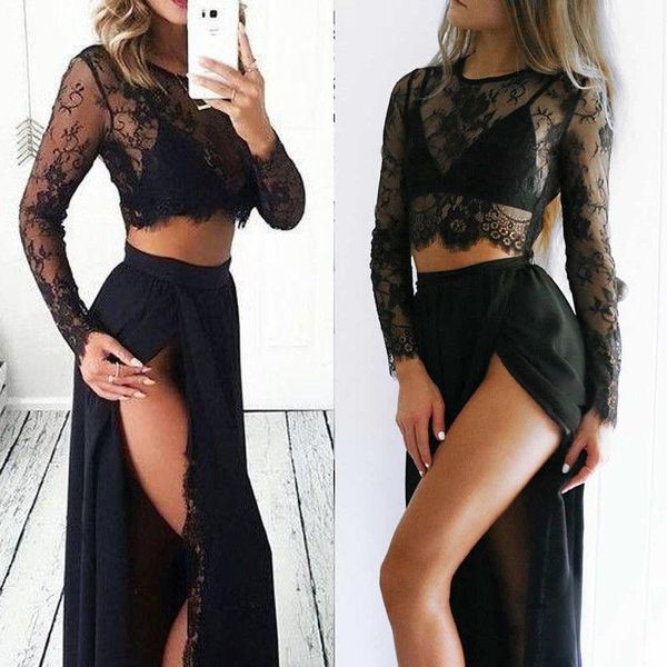 

women's suits & blazers 2pcs womens set black women prom long maxi skirts female party sheer lace crop sleeve fashion woman clothe, White;black