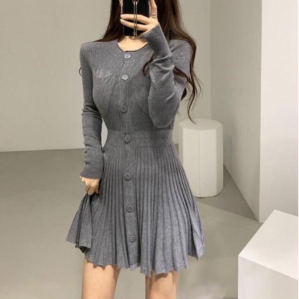 

casual dresses fall winter women's breasted knit pleated dress, Black;gray