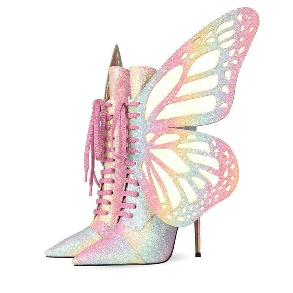 

boots detachable butterfly wing ladies fantasy short fashion cross tied zipper ankle heavy colorful stiletto women's shoes, Black