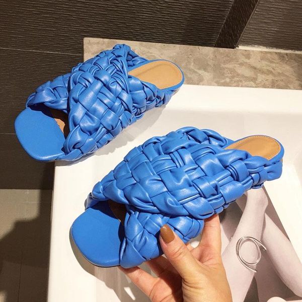 

fashion leather flat slippers women weave sandals ladies mules outdoor beach shoes woman dress slides female flip flops, Black