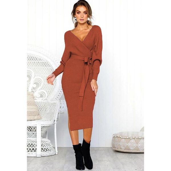 

casual dresses ladies knitted sweater dress autumn winter korean long sleeve v neck elegant bandage woman's clothing party fashion femme, Black;gray