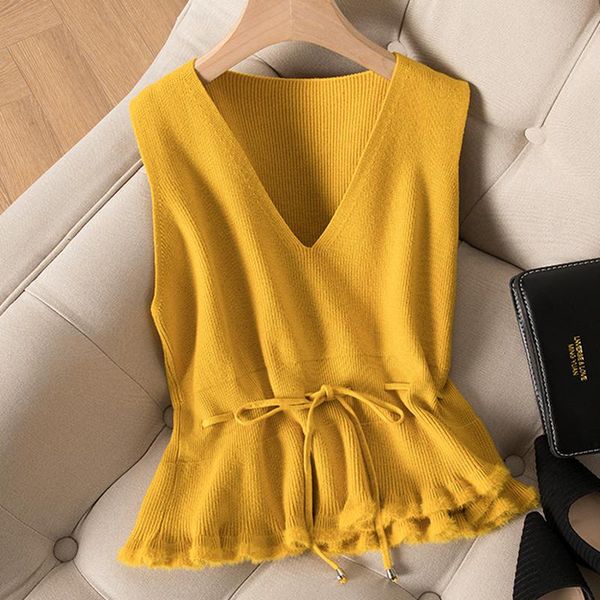 

women's vests v-neck knitted vest sweater autumn and winter korean loose wild sleeveless yellow pullovers pull clothes femme, Black;white