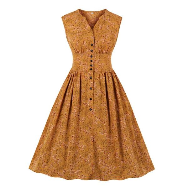 

dresses retro ruched a-line button sleeveless print split neck floral tea dress tank women summer trendy 2021 casual, Black;gray