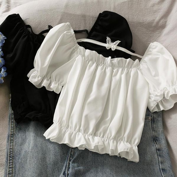 

women's blouses & shirts 2021 summer women short sleeve folds shirt sweet slash neck butterfly patch ruffle blouse female puff, White