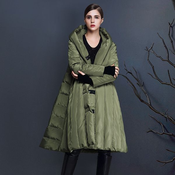 

down jacket women's 2021 winter over knee white duck thickened loose large warm wind cloak medium long, Black