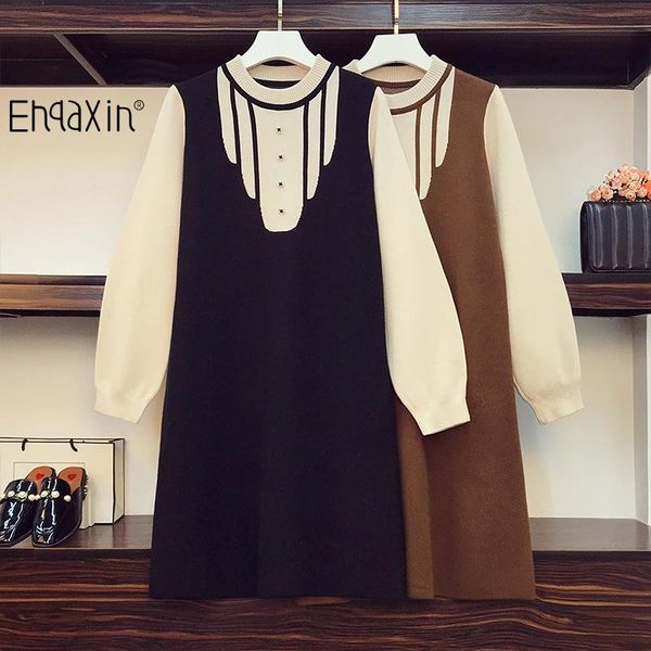 

plus size dresses ehqaxin 2021 womens knitted autumn winter loose casual button straight sweater dress for ladies l-4xl, Black