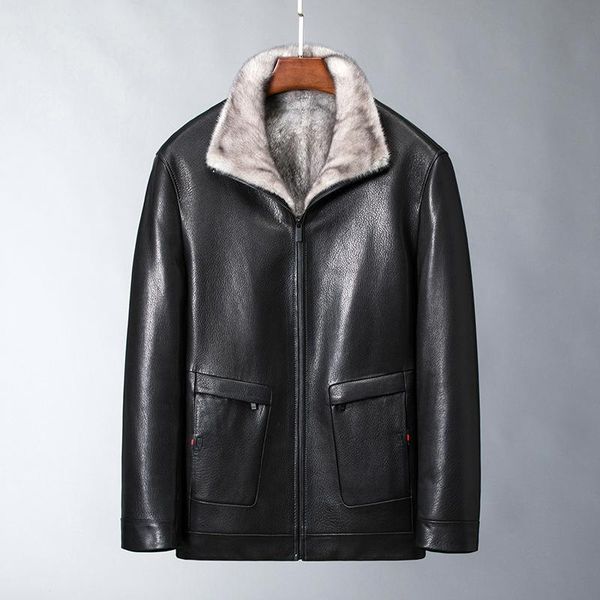 

men's jackets winter leather coat male mink liner whole fur green root jacket integrated, Black;brown