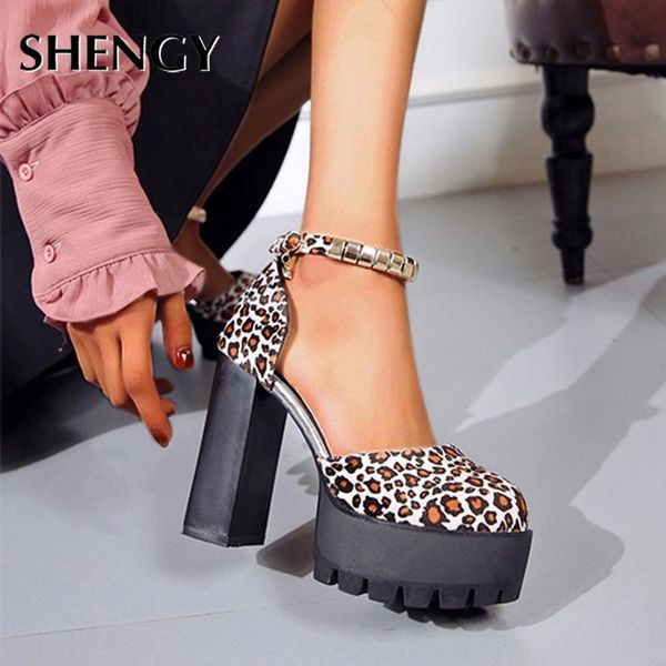 

spring summer high-heeled women shoes thick heel waterproof platform leopard print buckle sandals office, Black