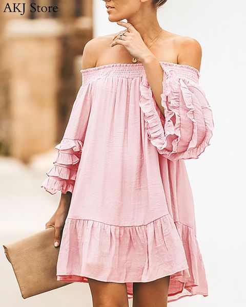 

women solid off shoulder long sleeve frill hem ruffled mini dress casual dresses, Black;gray