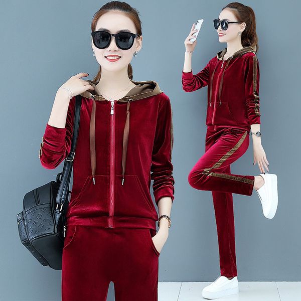 

women's tracksuits autumn veet tracksuit two piece set hoodies sweatshirt and pants sports jogging suit velour clothing female, Gray