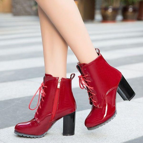 

boots womens patent leather winter ankle lace up chunky high heel shoes casual black red blue customize plus size 50