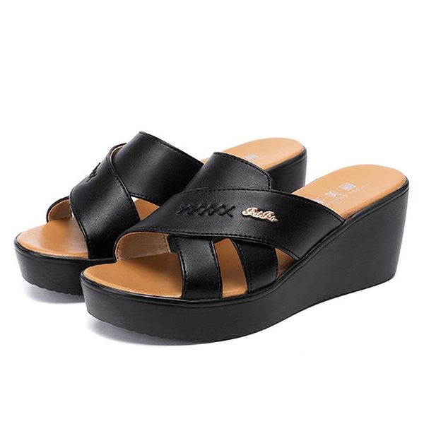

big size women summer shoes slippers peep toe split leather wedge platform white black fashion for ladies