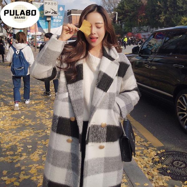 

autumn winter cashmere trench jacket women casual black white plaid coat thickness warm button pocket jackets women's wool & blends