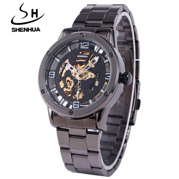 

men watch fashion steampunk skeleton watches stainless steel automatic mechanical wristwatches relogio masculino, Slivery;brown