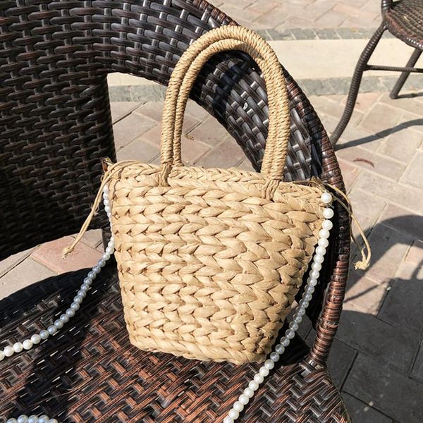 

evening bags summer straw weave shoulder for women pearl chain crossbody basket bag female small drawstring tote handbag